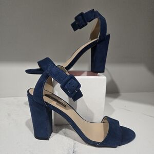 Blue Suede Block Heel Ankle Strap Sandals